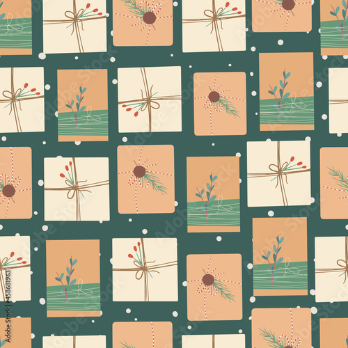 Christmas and Happy New Year seamless pattern with Christmas gift boxes, fir branches and berries. Vector design template. Digital paper.