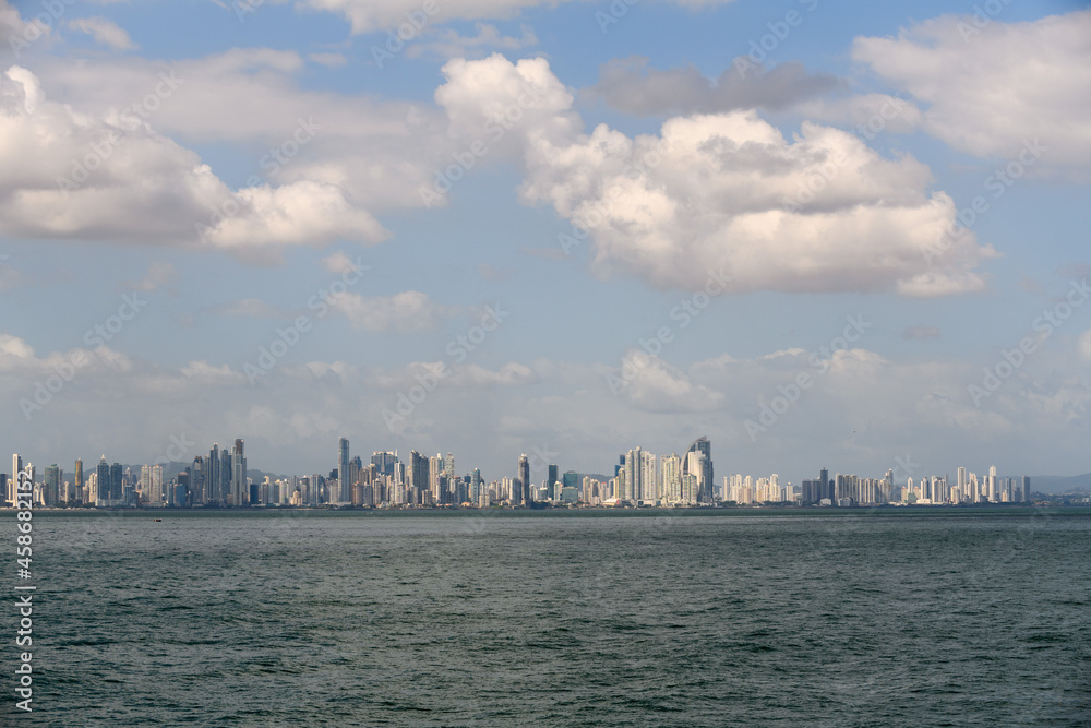 View to Panama city from sea at day time. City panorama. Modern buildings.