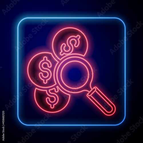 Glowing neon Search for money icon isolated on black background. Vector
