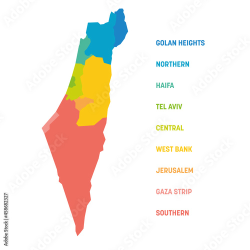 Colorful political map of Israel. Administrative divisions - districts and three special territories - Gaza Strip, West Bank and Golan Heights. Simple flat vector map with labels.