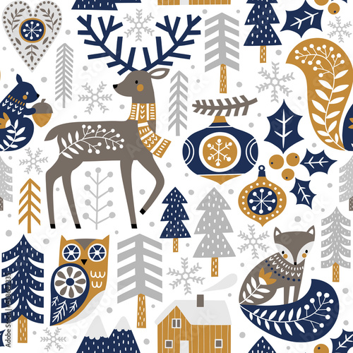 Seamless vector pattern with cute woodland animals, woods and snowflakes on white background. Scandinavian Christmas illustration. Perfect for textile, wallpaper or print design. 