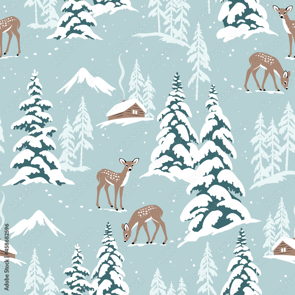 Snowy landscape seamless vector pattern with deer, chalet and snowy pine trees. Perfect for textile, wallpaper or print design.