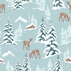 Papier peint photo Paysage patrons Paysage hivernal cerfs chalet enneigé  © MirabellePrint