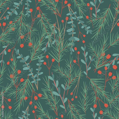 Christmas and Happy New Year seamless pattern with Christmas fir branches and berries. Vector design template. Digital paper.