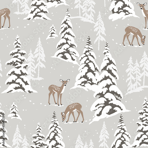 Snowy landscape seamless vector pattern with deer and snowy pine trees. Perfect for textile, wallpaper or print design.