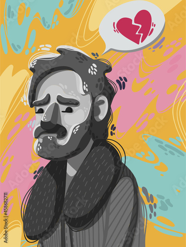 Sad, lonely, brokenhearted man. Unrequited love, loneliness. Black and white people on a colored background. The concept of lonely people, non-reciprocal love, end of relationship, loneliness.