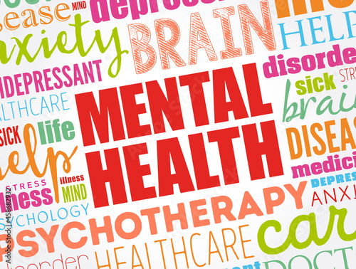 Mental health word cloud collage, health concept background
