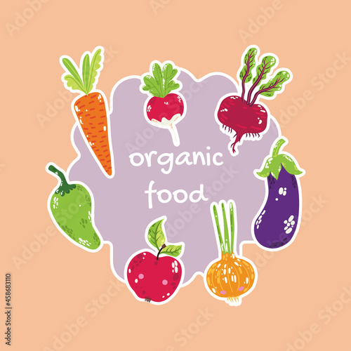 A poster with fruits in a circle and an inscription in the middle. Organic fruits and vegetables. Vector illustration hand-drawn