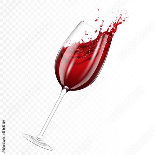 Transparent realistic wineglass with red wine splash, isolated.