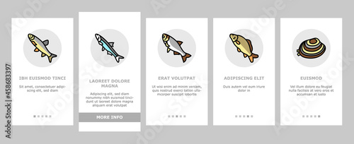 Commercial Fishing Aquaculture Onboarding Mobile App Page Screen Vector. Japanese Cockle And Anchovy, Common And Silver Carp, Rohu And Catle Fish,Yellowfin Tuna Fishing Business Illustrations