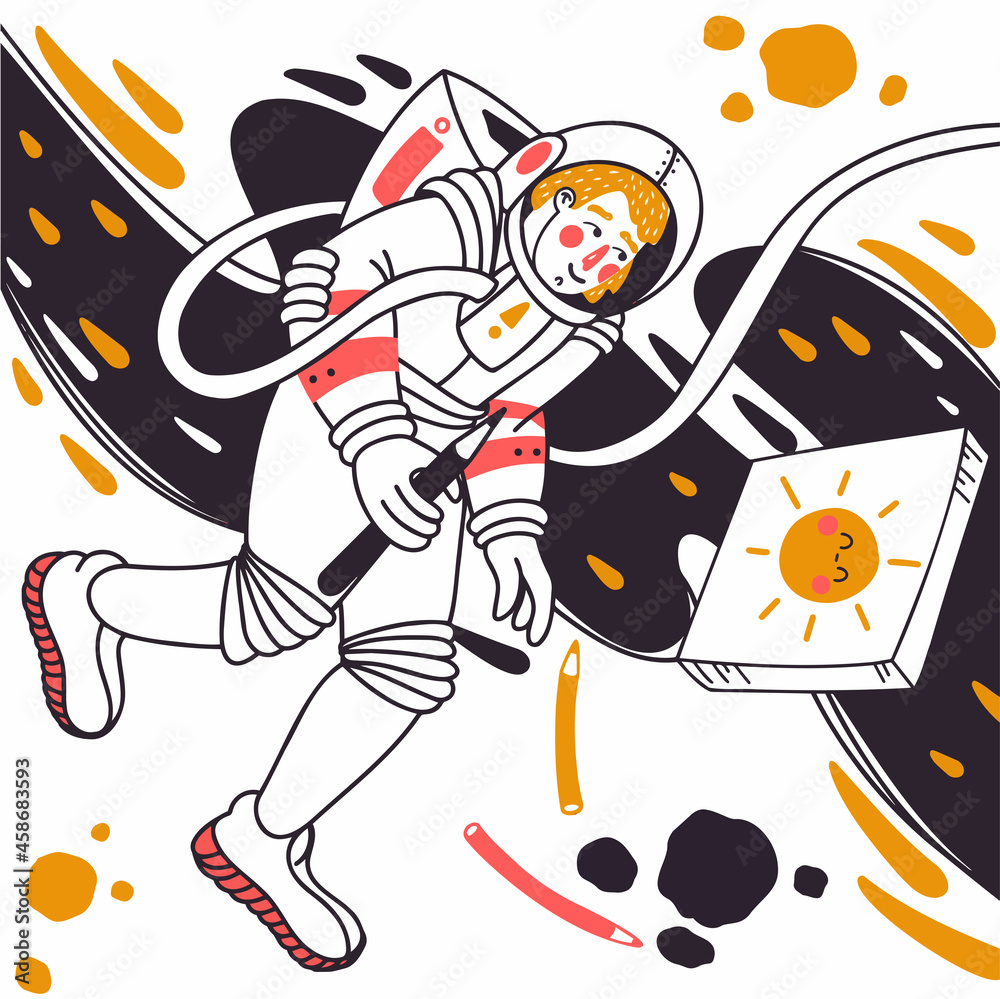 An astronaut in space paints a picture. Space artist. Vector illustration in a flat style. Astronaut. Space travel. Conceptual illustration about creativity. Creative flow. Creative people. An astronaut in space paints a picture. Space artist. Vector illustration in a flat style. Astronaut. Space travel. Conceptual illustration about creativity. Creative flow. Creative people.
