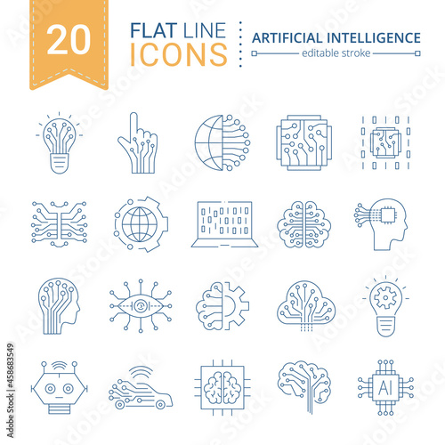 Artificial intelligence and machine learning line icon set. Simple thin outline pictogram collection. AI concept. Innovative robotic technology elements. Cpu,cloud. Editable stroke vector illustration