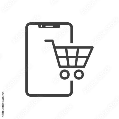 Logotipo con smartphone con silueta de carrito de la compra con lineas en color gris