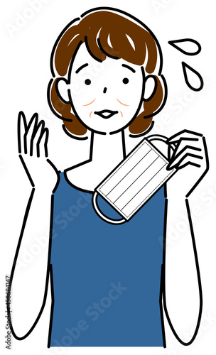 スキンケア マスクの着用が原因で顔のしわやたるみが出来た女性 イラスト シンプル ベクター