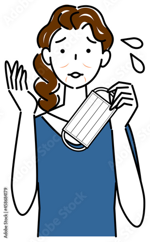 スキンケア マスクの着用が原因で顔のしわやたるみが出来た女性 イラスト シンプル ベクター