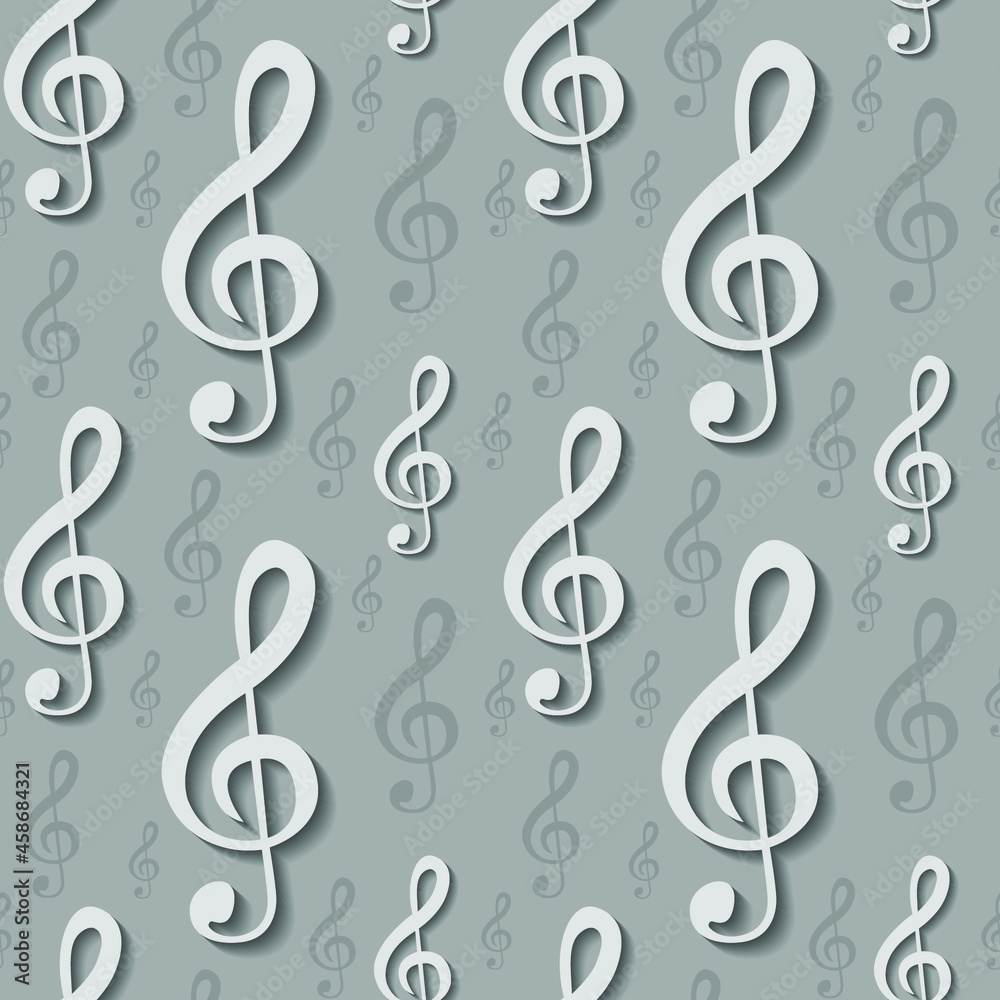 Treble clef with shadow on gray background, 3d texture for design, wallpaper for home, seamless pattern, vector illustration Treble clef with shadow on gray background, 3d texture for design, wallpaper for home, seamless pattern, vector illustration
