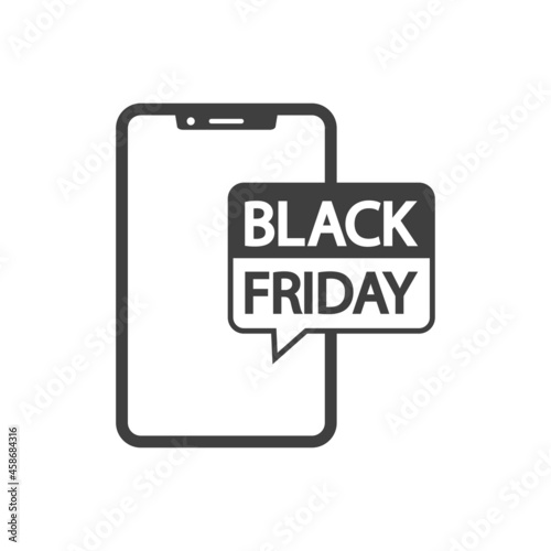 Logotipo con texto Black Friday en burbuja de habla en smartphone en fondo gris