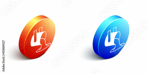 Isometric Molten gold being poured icon isolated on white background. Molten metal poured from ladle. Orange and blue circle button. Vector