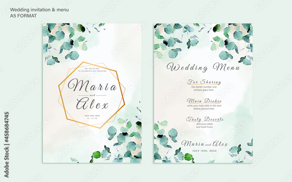 Romantic watercolor wedding invitation and menu, templates. Beautiful abstract leaves. Green and beige.