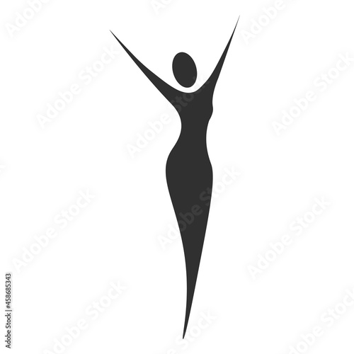 Slim sexy woman standing with her hands raised to the top. For logo, advertising and web design. Woman icon