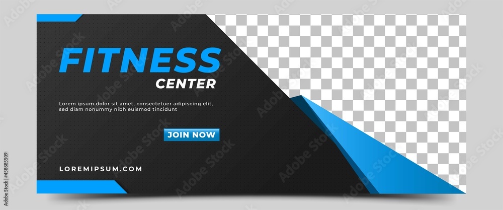 Gym, fitness, and sports horizontal banner template design. A dark background color with abstract blue shape ornament and place for the photo. Usable for banner, cover, and header. - obrazy, fototapety, plakaty 