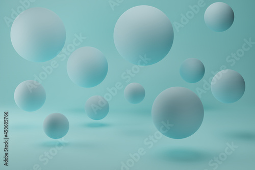 Blue sphere bubbles on pastel background, 3d render. Realistic 3d illustration with flying balls. Abstract background