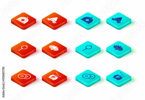 Set Chinese Yuan currency, drum, paper lantern, Lotus flower, Sushi on cutting board and hat icon. Vector