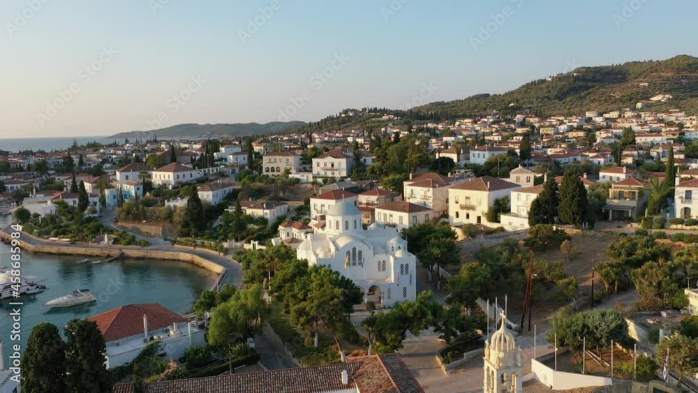 Aerial view of Spetses old town and marina or seaport, Greece - drone videography Aerial view of Spetses old town and marina or seaport, Greece - drone videography
