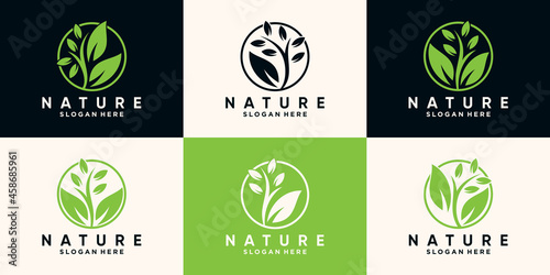 Set bundle of nature and tree logo with line art style and unique circle concept Premium Vector