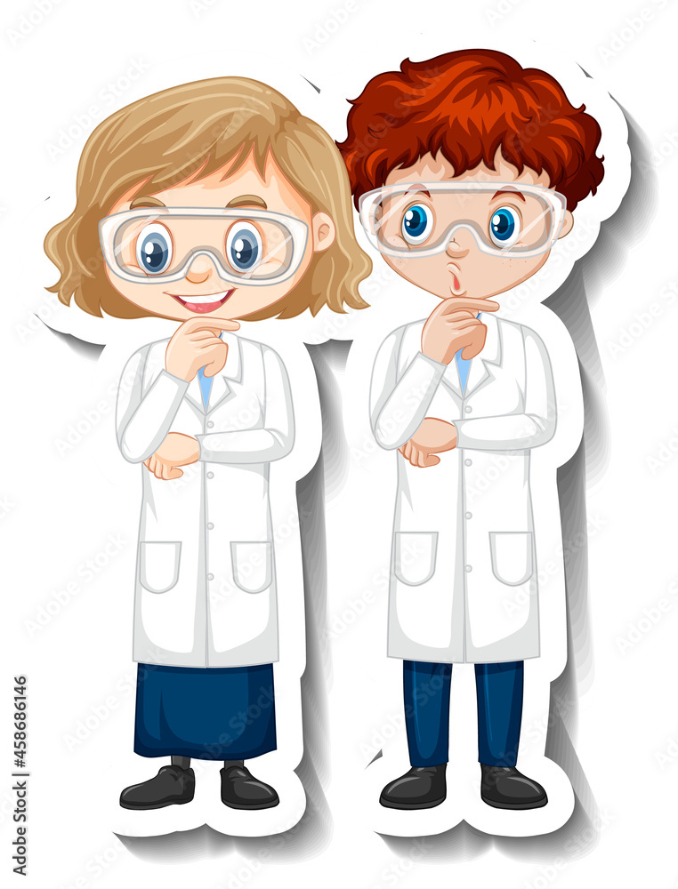 Cartoon character sticker with couple scientists in science gown Cartoon character sticker with couple scientists in science gown