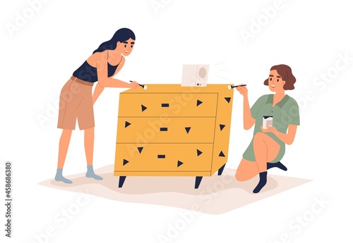 Women decorating and painting furniture. Couple renewing and restoring cabinet with paint and brushes. People renovating and repairing old chest of drawers. Flat vector illustration isolated on white