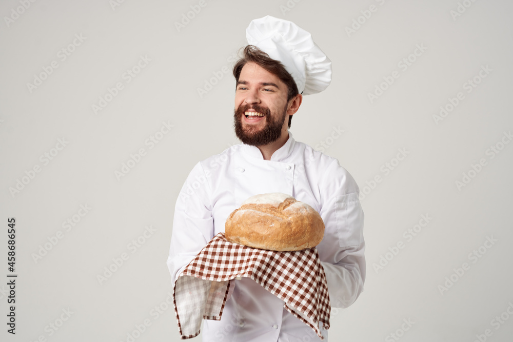 bearded man chef with bread in hand culinary industry bearded man chef with bread in hand culinary industry