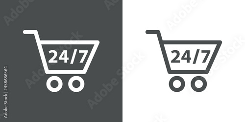 Logotipo 24 horas 7 días con silueta de carrito de la compra con lineas en fondo gris y fondo banco