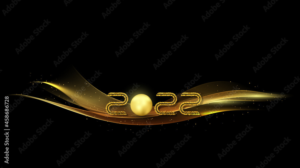 2022 golden waves vector background. Swirl of golden waves with golden sparkles on black background.