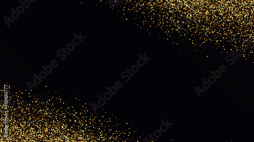 Golden glitter confetti falling on black vector background. Shining gold shimmer luxury design card. Christmas glowing snow.