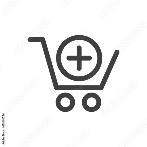 Add to cart. Logotipo con silueta de carrito de la compra con símbolo más en círculo con lineas en color gris