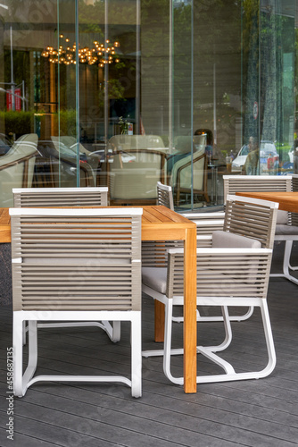 Outdoor cafe tables and chairs in a shopping mall