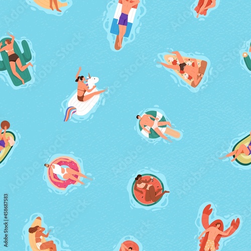 Seamless pattern with happy people in water on rubber rings in summer. Endless repeatable background with man and woman floating and swimming in pool, top view. Flat vector illustration for printing