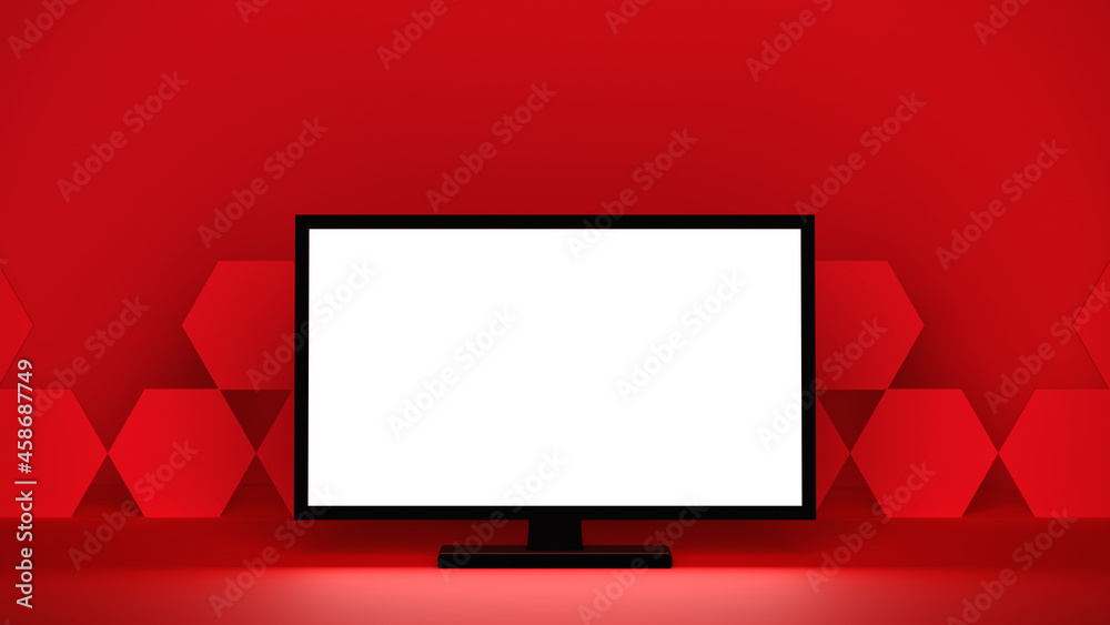 赤い背景にモニター　パソコン　テレビ　3DCG