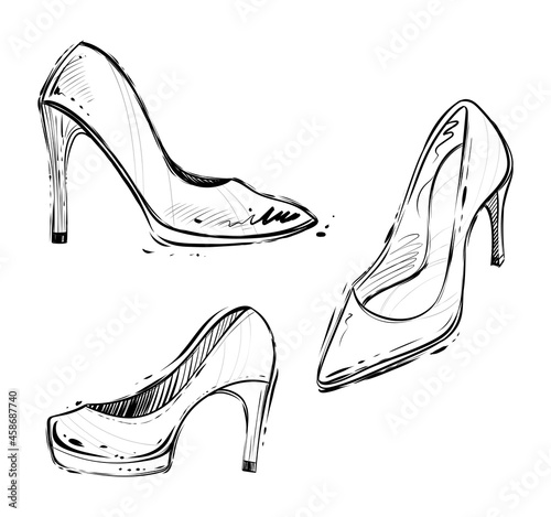 Women shoes on high heels, monocgrome vector illustration