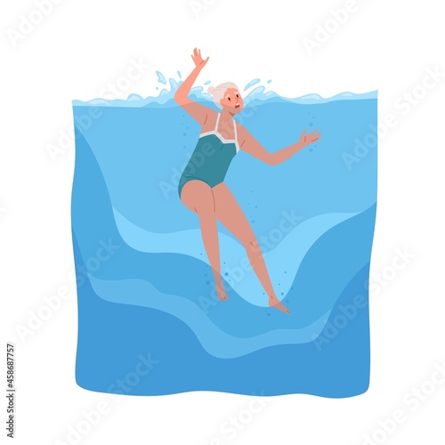 Senior person sinking in sea. Old woman in danger under water, choking and calling for help. Frightened swimmer drowning. Summer accident. Flat vector illustration isolated on white background