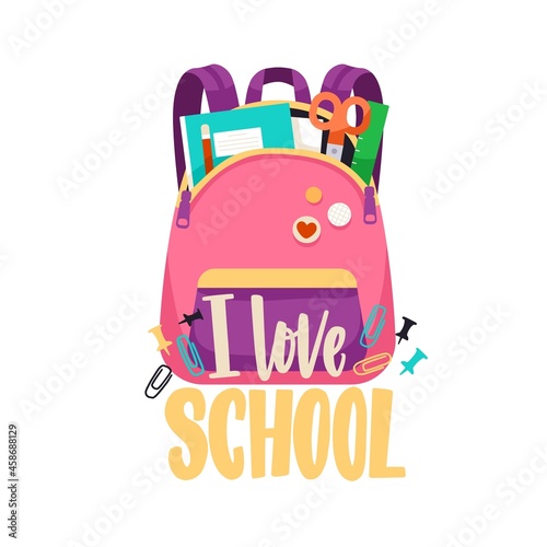 I love School, lettering composition with open schoolbag packed with books, n...