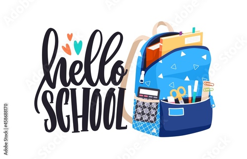Hello School lettering with open schoolbag with books, textbooks, pens, pencils and other stationery in bags pockets. Boyish backpack. Flat vector illustration of knapsack isolated on white background