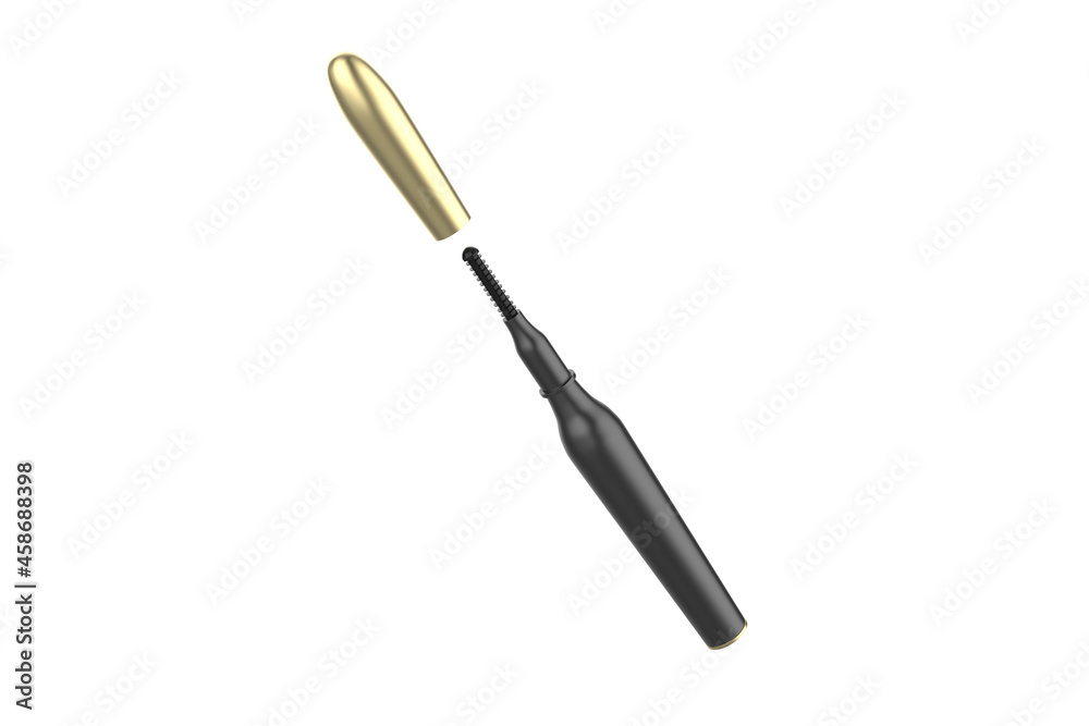 Mascara Bottle and Brush. Fashionable cosmetics Makeup for Eyes, Black Mascara wand and Tube Isolated on White. Extensible mascara and volume. 3d illustration Mascara Bottle and Brush. Fashionable cosmetics Makeup for Eyes, Black Mascara wand and Tube Isolated on White. Extensible mascara and volume. 3d illustration