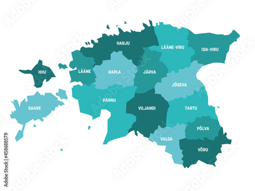 Blue political map of Estonia. Administrative divisions - counties. Simple flat vector map with labels. photo