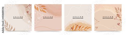 Set of autumn backgrounds. Minimal style with floral elements and watercolor texture. Editable vector template for greeting card, wallpaper, brochure, invitation, story and social media post