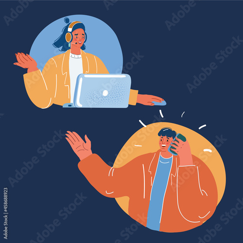 Vector illustration of Operator in headset speak with phone with operator over dark backround.