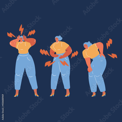 Vector illustration of a sick woman with ache problems, head chest back and stomach pain over dark backround.