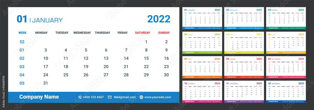 2022 Weekly Planning Calendar. Colorful set. 2022 Weekly Planning Calendar. Colorful set.