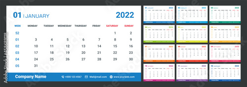 2022 Weekly Planning Calendar. Colorful set.